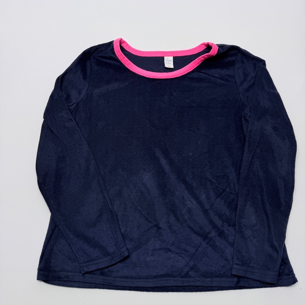 Sleep Chic Womens Navy Blue Pink Fleece Pajama Top Long Sleeve Size L